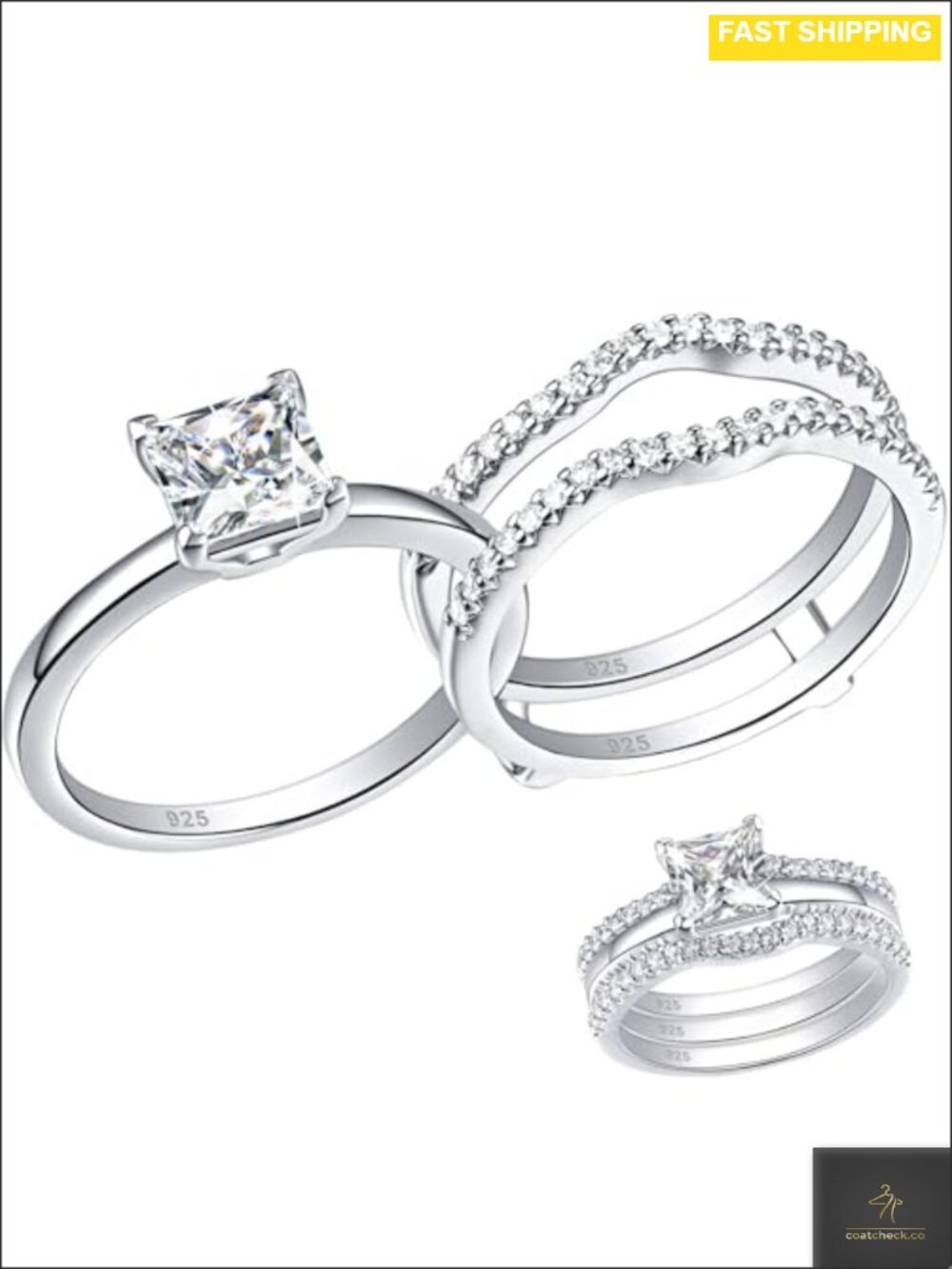 925 Sterling Silver Princess CZ Solitaire Engagement Ring Set Bridal